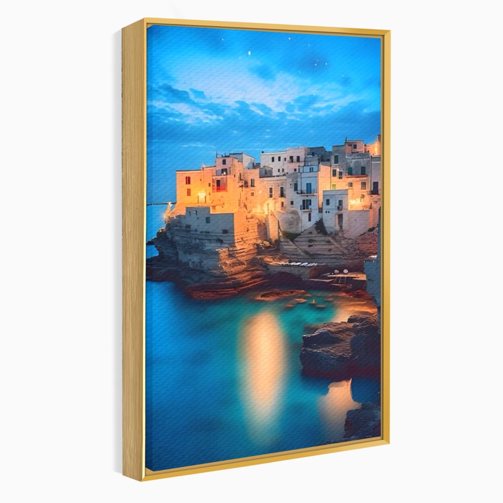 Tablou canvas cu tablou canvas cu peisaj costier nocturn, in rama de aluminiu auriu